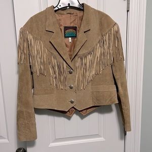 Vintage Pioneer Wear tan leather fringed jacket, size 14